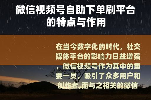 微信视频号自助下单刷平台的特点与作用