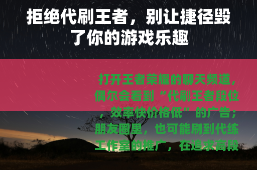 拒绝代刷王者，别让捷径毁了你的游戏乐趣