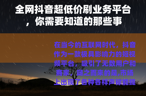 全网抖音超低价刷业务平台，你需要知道的那些事