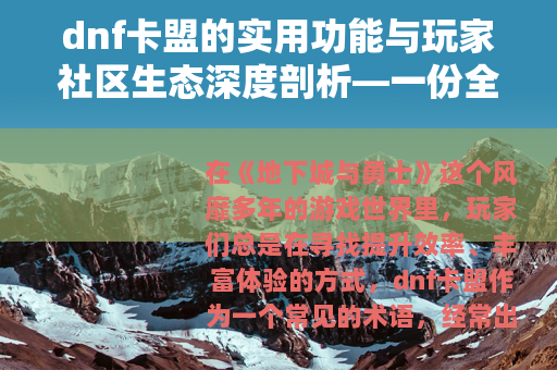 dnf卡盟的实用功能与玩家社区生态深度剖析—一份全面体验报告