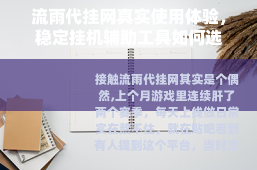 流雨代挂网真实使用体验，稳定挂机辅助工具如何选