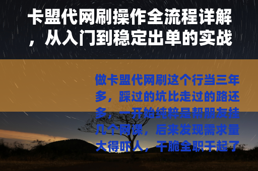 卡盟代网刷操作全流程详解，从入门到稳定出单的实战经验