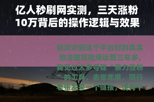 亿人秒刷网实测，三天涨粉10万背后的操作逻辑与效果分析