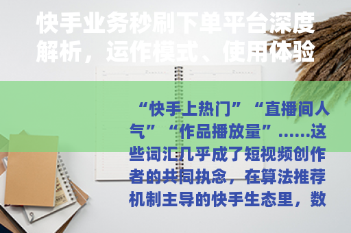 快手业务秒刷下单平台深度解析，运作模式、使用体验与真实效果评估
