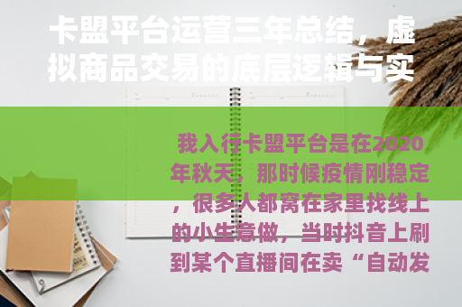卡盟平台运营三年总结，虚拟商品交易的底层逻辑与实操经验