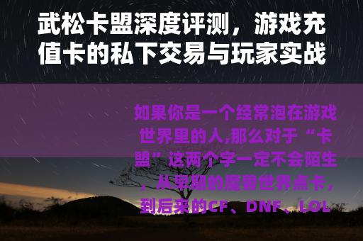 武松卡盟深度评测，游戏充值卡的私下交易与玩家实战经验分享