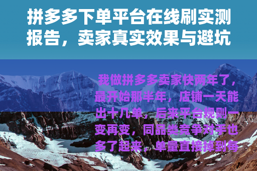 拼多多下单平台在线刷实测报告，卖家真实效果与避坑指南